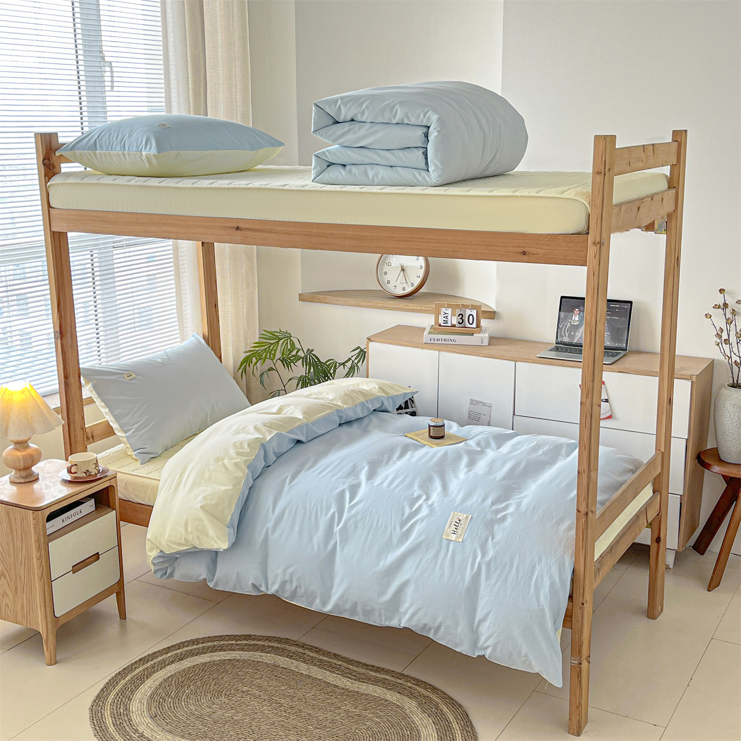 2025新款全棉水洗棉学生季夹棉套件 青春天空蓝奶黄