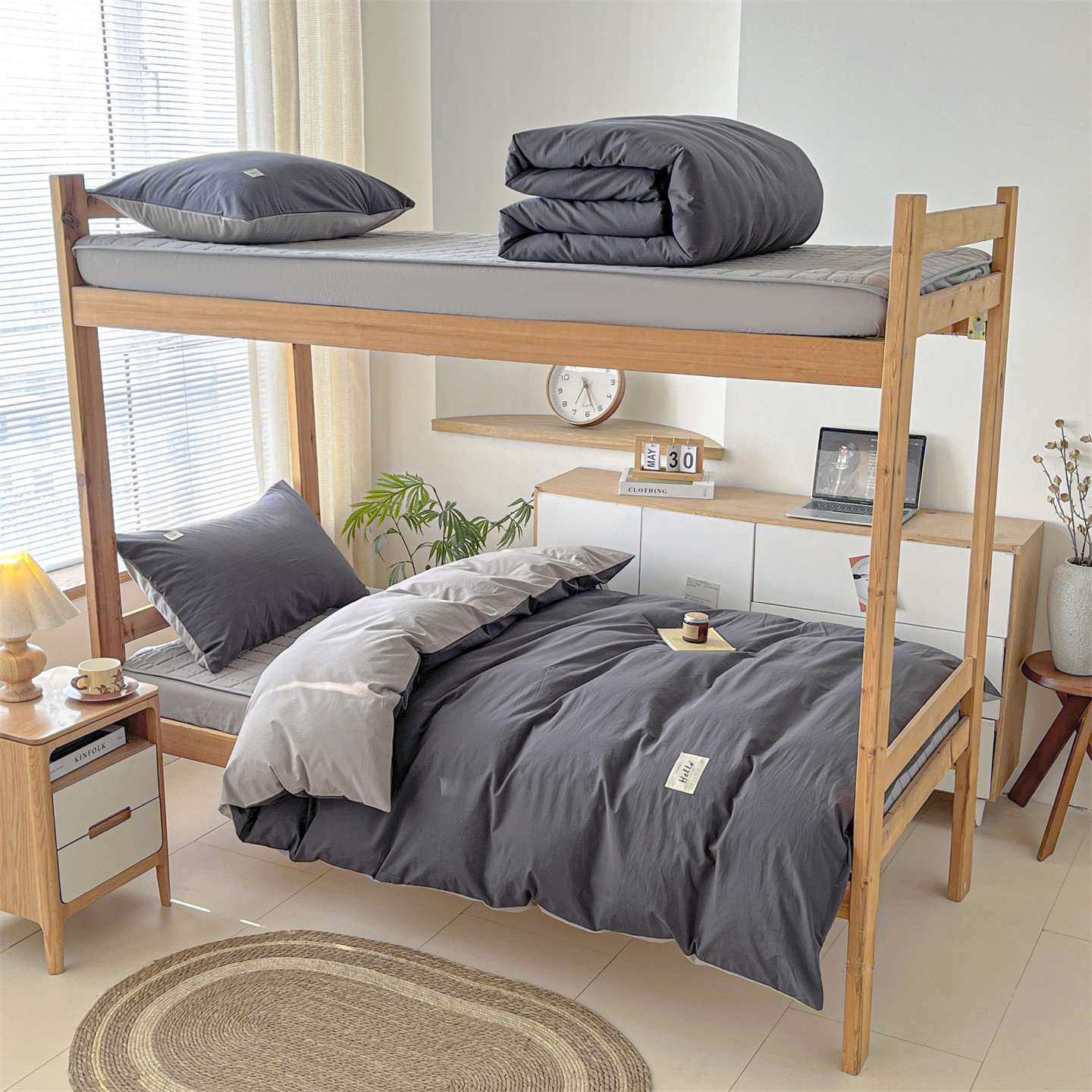 2025新款全棉水洗棉学生季夹棉套件 青春深灰浅灰