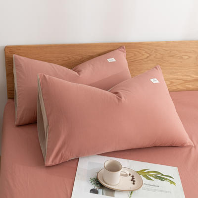 2021新款全棉水洗棉床品套件单品系列-枕套 48×74cm/一对 珊瑚红卡其