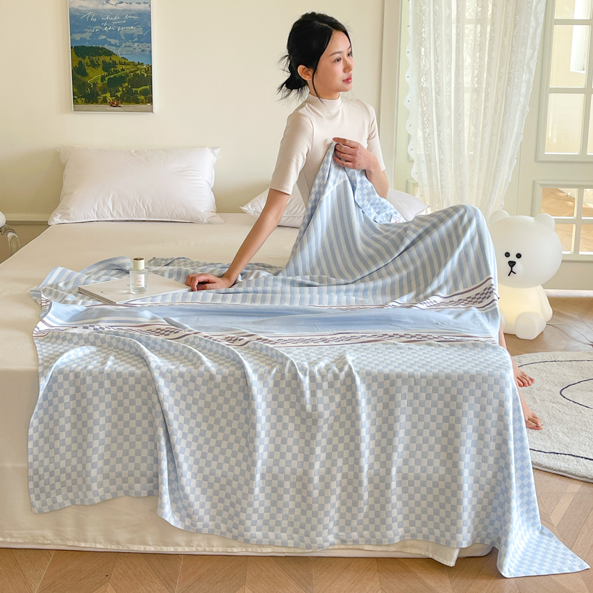 2024新款竹纤维双层纱布毯毛巾被夏凉被针织冷感毯 150x200cm单被 海韵-蓝