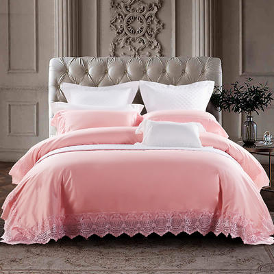 百度禧约2019新品60支全棉纯棉贡缎长绒棉四件套蕾丝边 1.8m（6英尺）床 纯色花边粉色