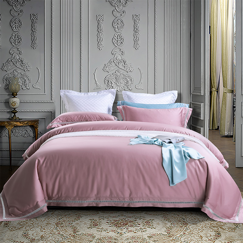 2019新款全棉60支长绒棉素色四件套镂空边纯棉套件 1.8m（6英尺）床 粉色