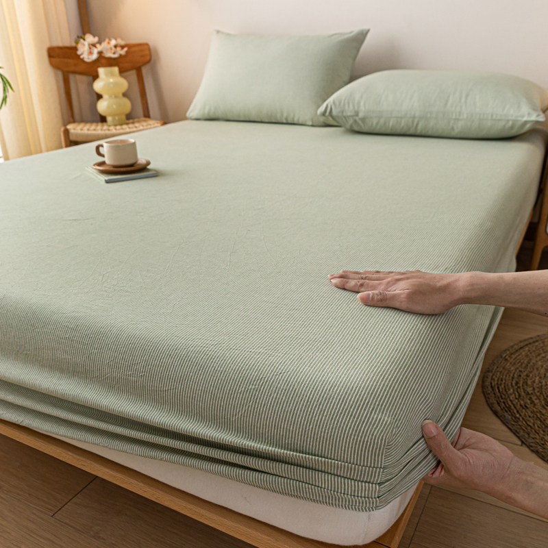 2024新款色织全棉水洗棉单床笠系列 枕套一对 果绿小条