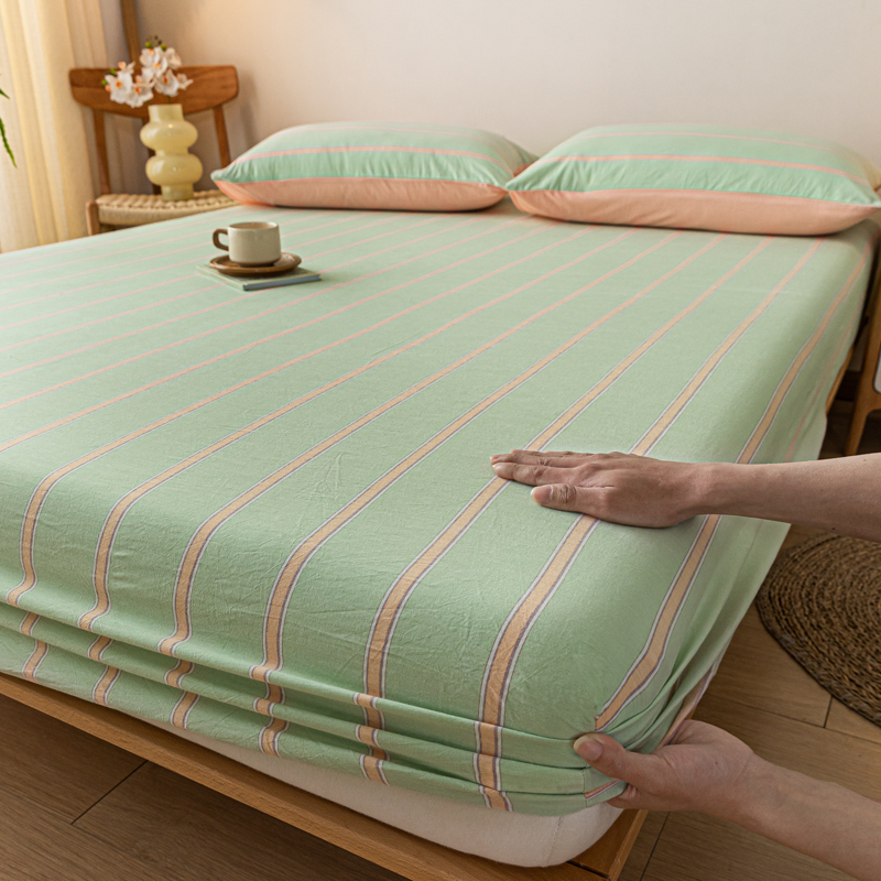2024新款色织全棉水洗棉单床笠系列 枕套一对 桔绿条