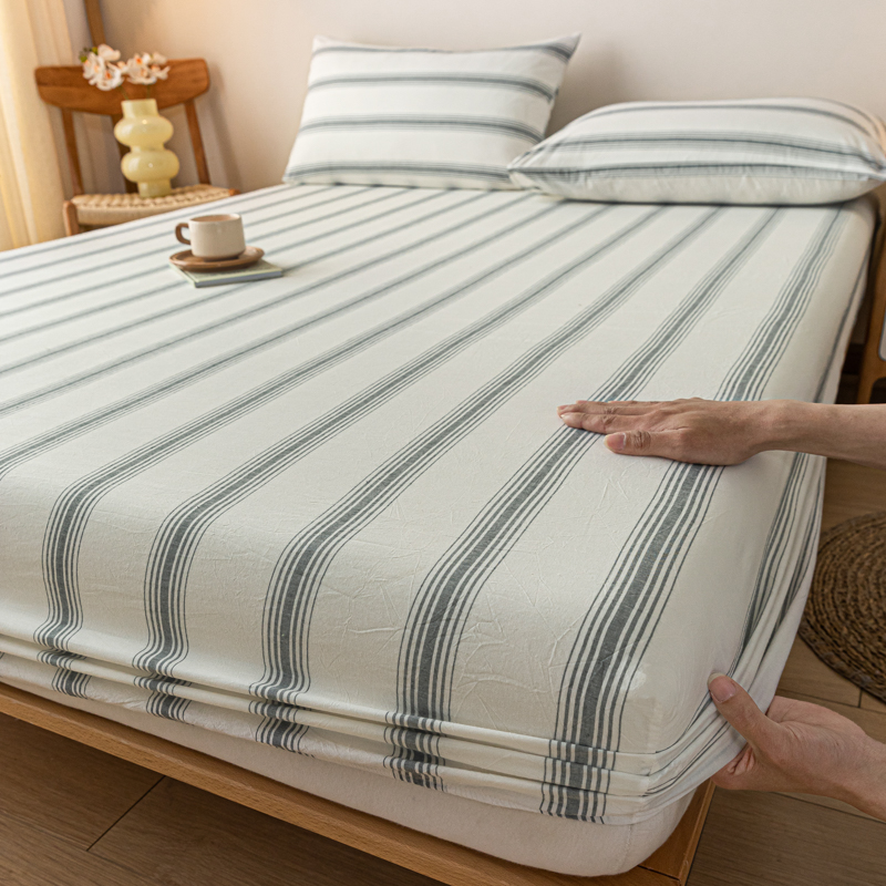 2024新款色织全棉水洗棉单床笠系列 枕套一对 深绿条