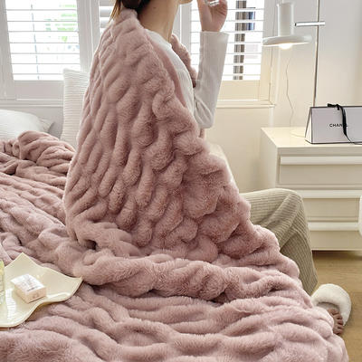 2022新品仿兔毛轻奢毛毯办公室午睡毯盖毯被子高端毛毯毯子--风格一 150cmX200cm 仿兔毛-豆沙