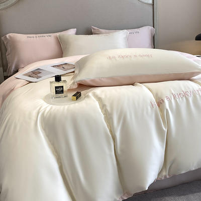 成本直供100支字母刺绣兰精天丝四件套床单被套新款 1.8m（6英尺）床 Lucky白粉