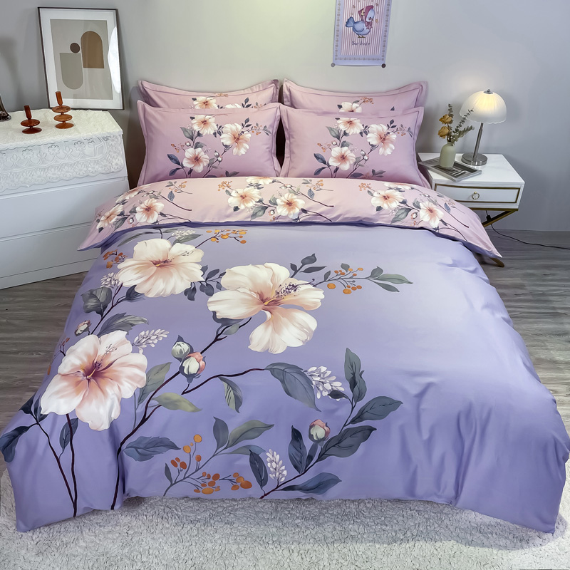 2021新款全棉13372四件套—花卉系列 1.5m圆角贴边床单款四件套 花满庭-紫