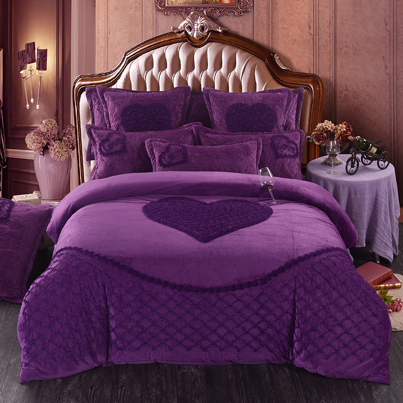 2022新款-独家专版水晶绒婚庆刺绣套件-床盖款 1.8m（6英尺）床（四件套） 挚爱今生-浪漫紫