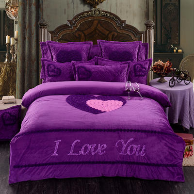 2022新款-独家专版水晶绒婚庆刺绣套件-床裙款 1.8m（6英尺）床（四件套） 甜蜜同心-浪漫紫
