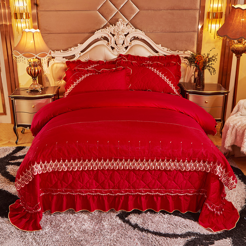 2023新款锦绣大红夹棉床盖四件套 1.8m床盖款四件套 喜气生辉