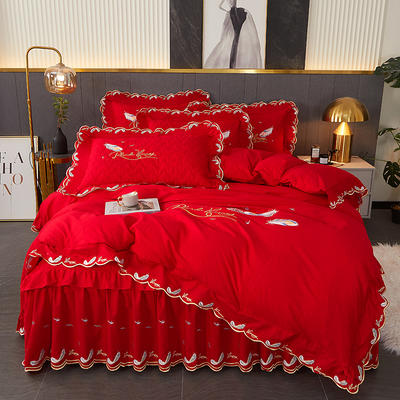 2023新款全棉羽毛刺绣系列床裙四件套 1.2m床裙款三件套 芳羽 大红