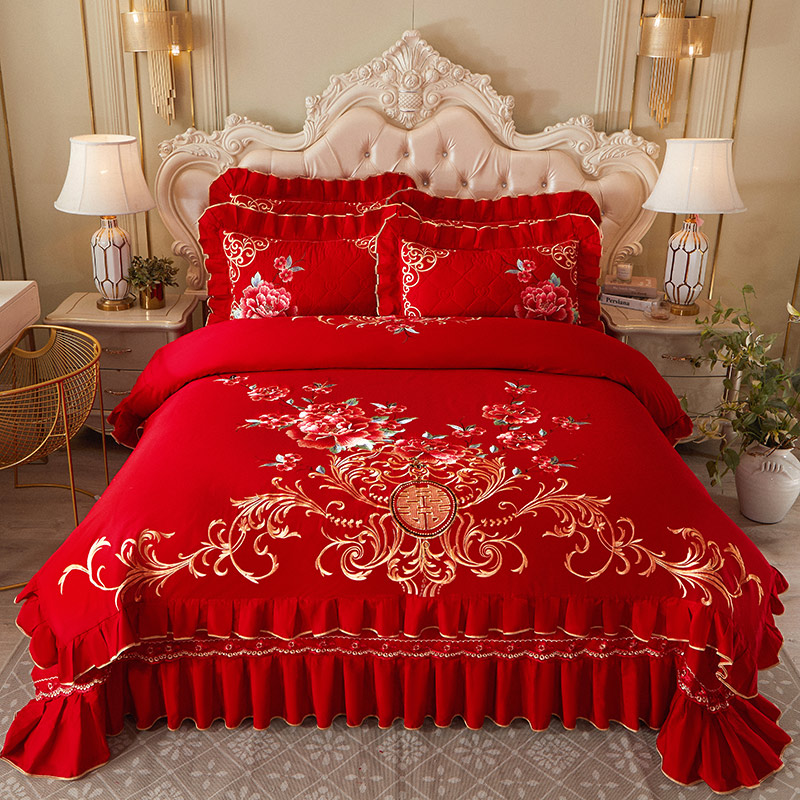 2023新款大红婚庆刺绣系列床盖四件套 1.8m床盖款四件套 花开锦瑟