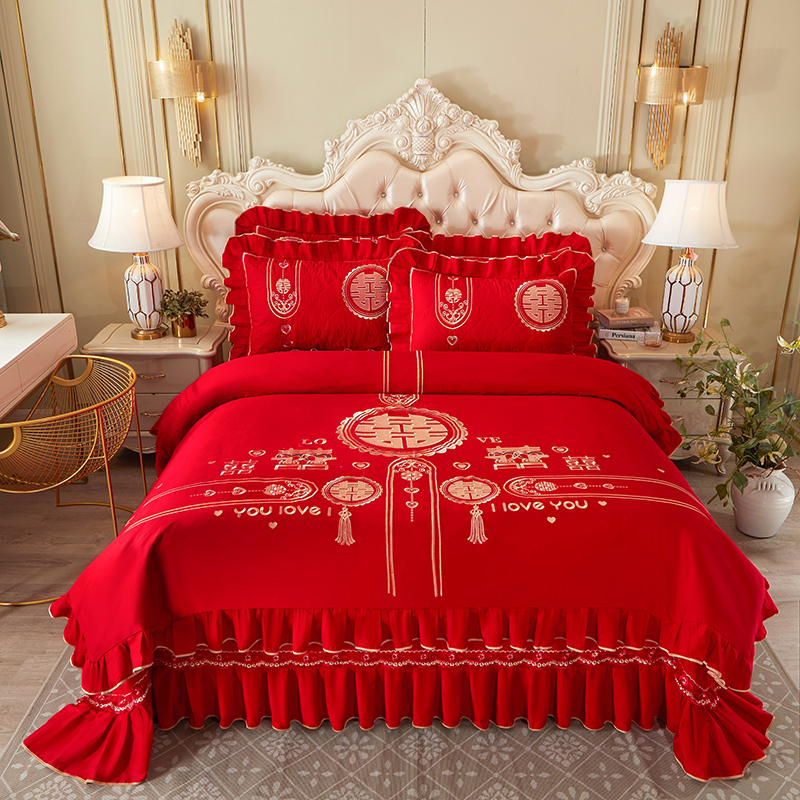 2023新款大红婚庆刺绣系列床盖四件套 1.8m床盖款四件套 皇家情缘
