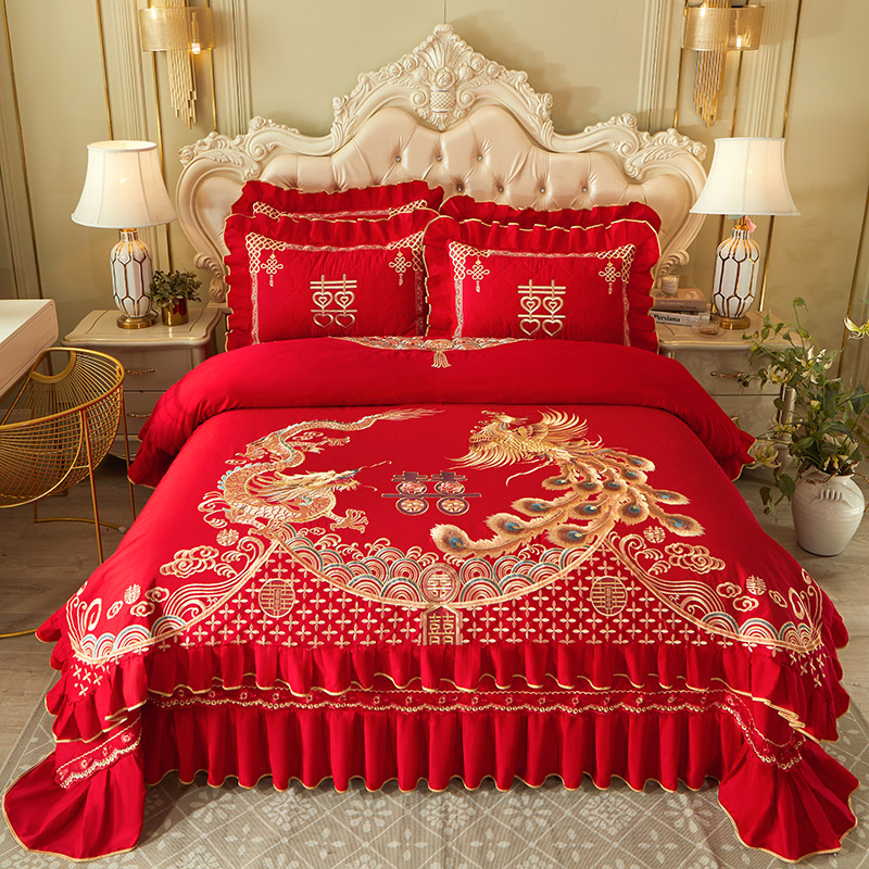 2023新款大红婚庆刺绣系列床盖四件套 1.8m床盖款四件套 佳偶天成