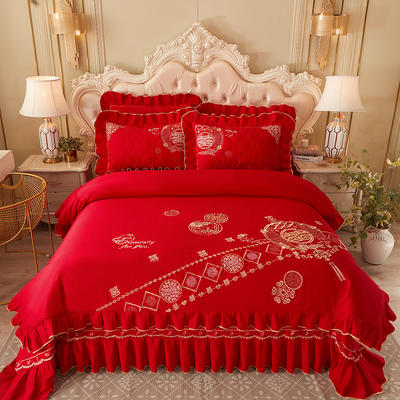 2023新款大红婚庆刺绣系列床盖四件套 1.8m床盖款四件套 佳期有约