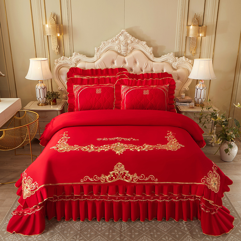 2023新款大红婚庆刺绣系列床盖四件套 1.8m床盖款四件套 江山美人