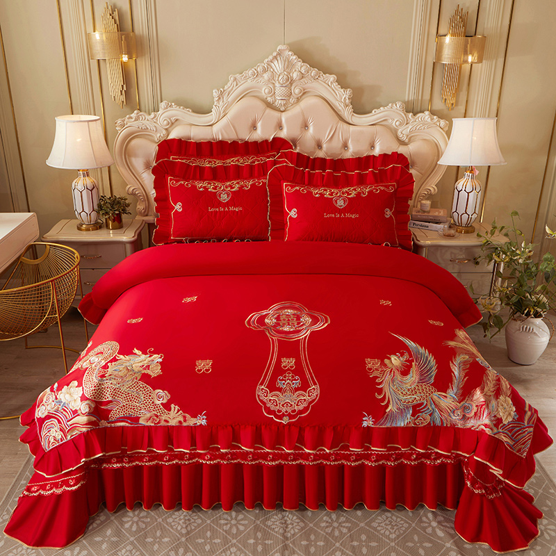 2023新款大红婚庆刺绣系列床盖四件套 1.8m床盖款四件套 鸾凤和鸣
