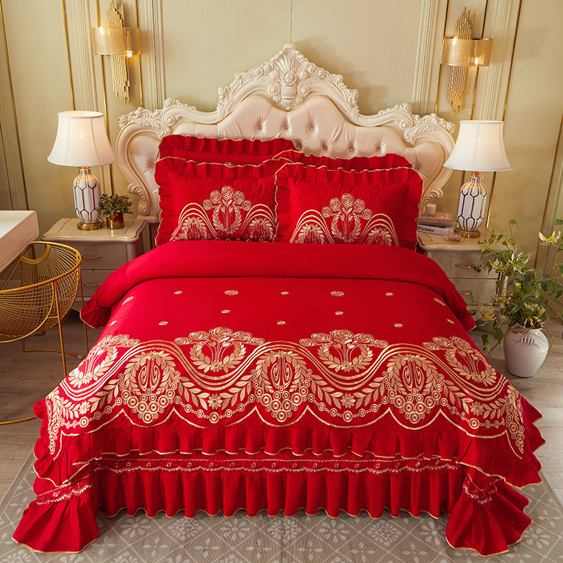 2023新款大红婚庆刺绣系列床盖四件套 1.8m床盖款四件套 千禧之恋