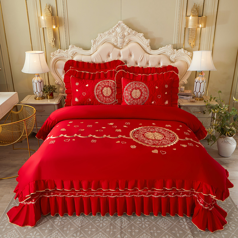 2023新款大红婚庆刺绣系列床盖四件套 1.8m床盖款四件套 相濡以沫