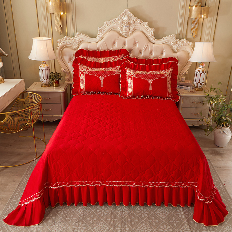 2023新款大红婚庆刺绣系列床盖三件套 250*250cm床盖三件套 红妆之恋