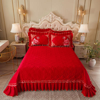 2023新款大红婚庆刺绣系列床盖三件套 250*250cm床盖三件套 花开锦瑟