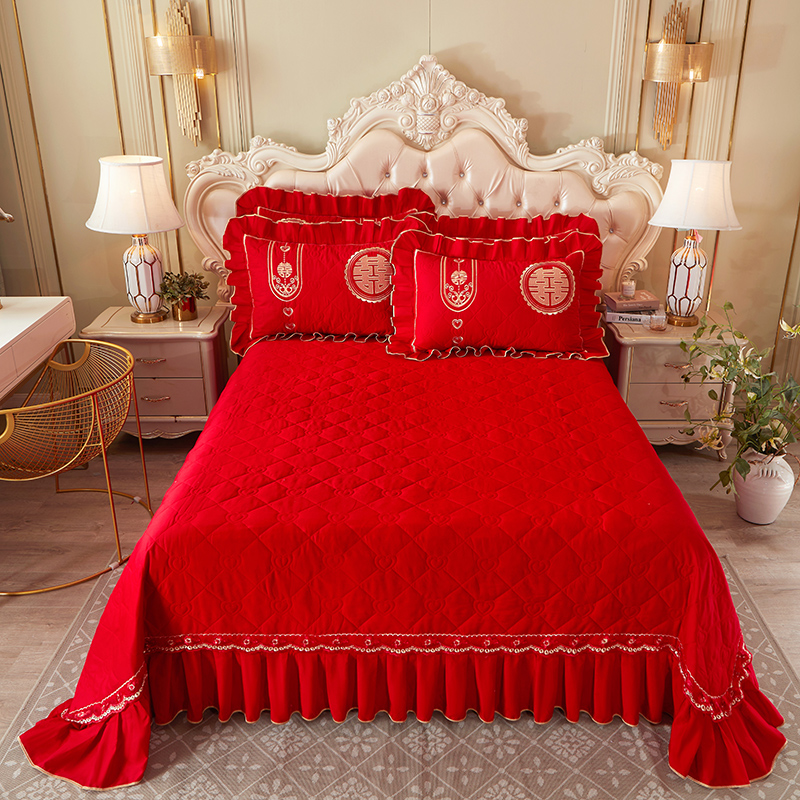 2023新款大红婚庆刺绣系列床盖三件套 250*250cm床盖三件套 皇家情缘