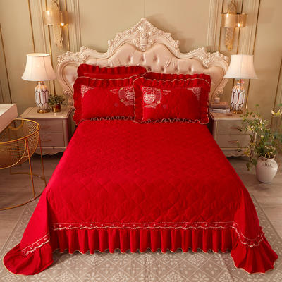 2023新款大红婚庆刺绣系列床盖三件套 250*250cm床盖三件套 佳期有约
