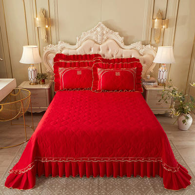 2023新款大红婚庆刺绣系列床盖三件套 250*250cm床盖三件套 江山美人