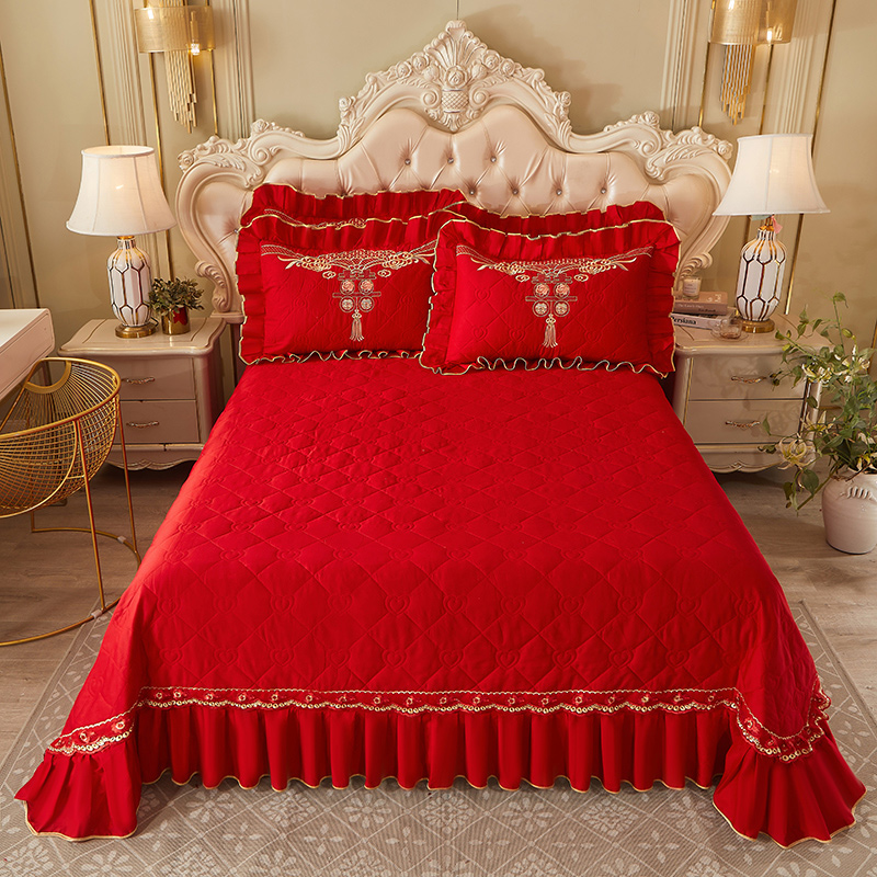 2023新款大红婚庆刺绣系列床盖三件套 250*250cm床盖三件套 龙凤呈祥