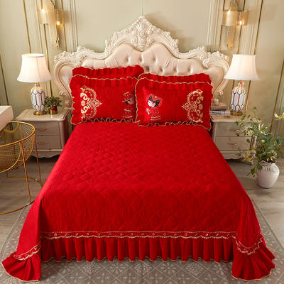 2023新款大红婚庆刺绣系列床盖三件套 250*250cm床盖三件套 麒麟姻缘