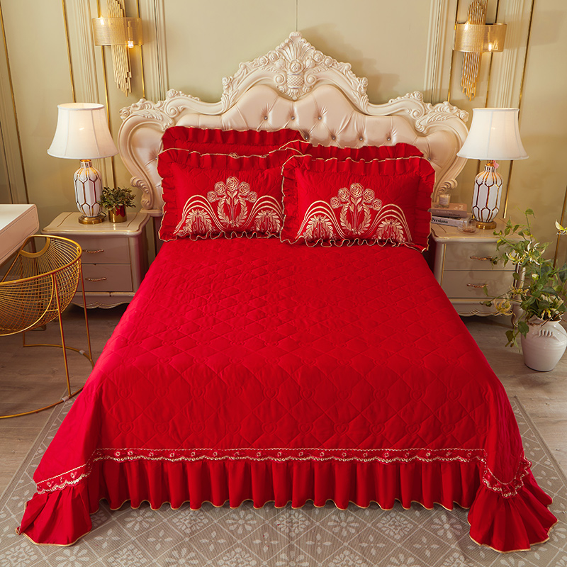 2023新款大红婚庆刺绣系列床盖三件套 250*250cm床盖三件套 千禧之恋