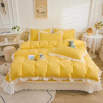 2023新款全棉印花花边款床盖四件套 1.2m床盖款三件套 柠檬黄