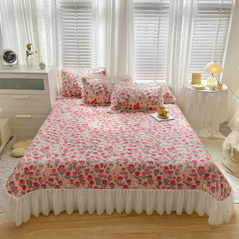 2023新款全棉蕾丝刺绣夹棉床盖系列三件套 210*245cm单床盖 玫瑰香氛