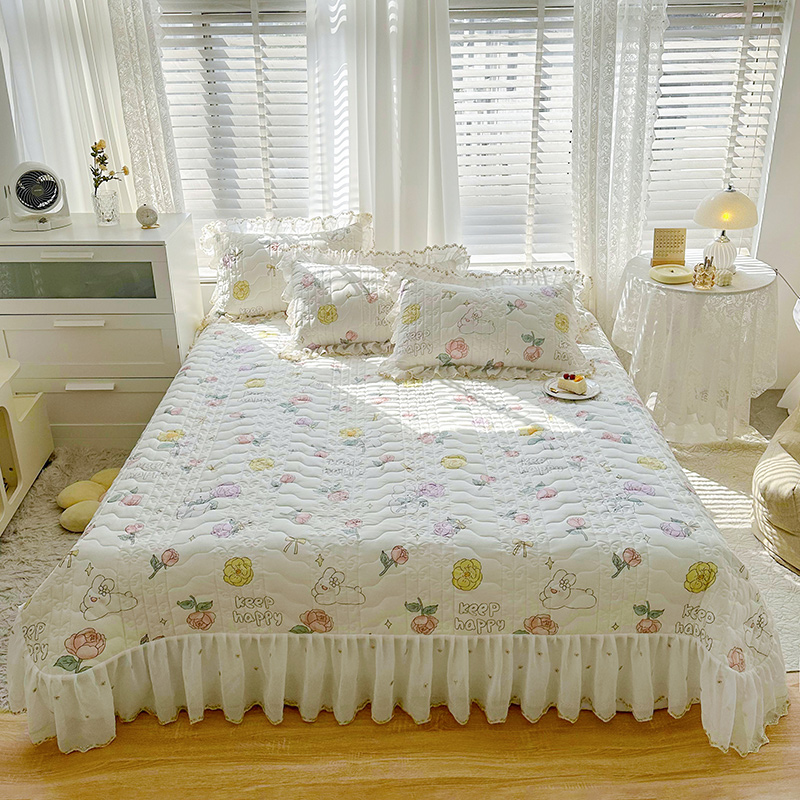 2023新款全棉蕾丝刺绣夹棉床盖系列三件套 210*245cm单床盖 妙趣花园