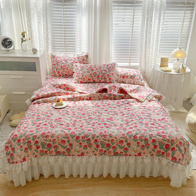 2023新款全棉蕾丝刺绣夹棉床盖系列夏被四件套 1.2m床盖款夏被三件套 玫瑰香氛