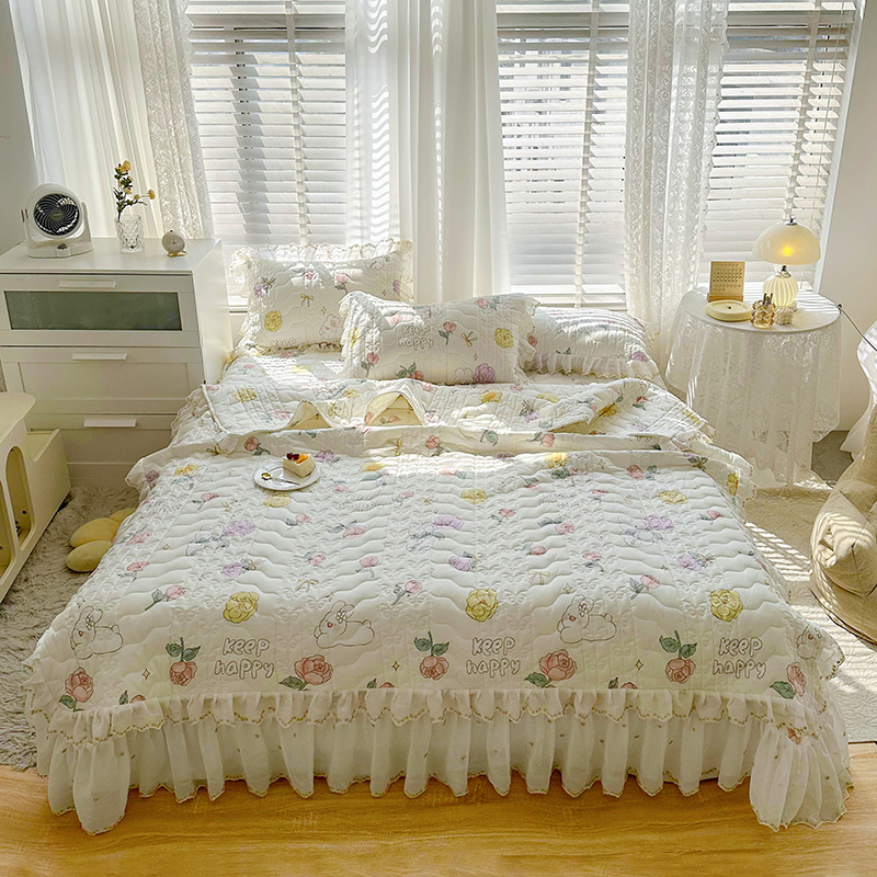 2023新款全棉蕾丝刺绣夹棉床盖系列夏被四件套 1.2m床盖款夏被三件套 妙趣花园