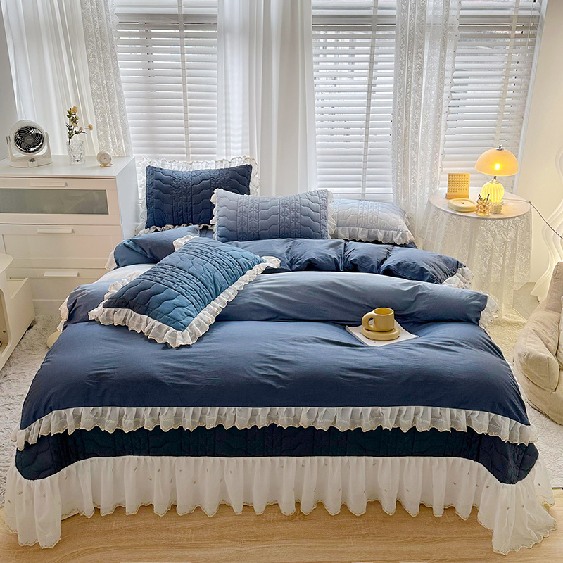 2023新款全棉蕾丝刺绣夹棉床盖系列四件套（单层被套） 1.2m床盖款三件套（单层被套） 藏蓝