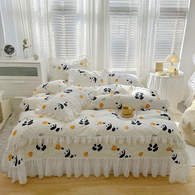 2023新款全棉蕾丝刺绣夹棉床盖系列四件套（单层被套） 1.2m床盖款三件套（单层被套） 黑白熊猫