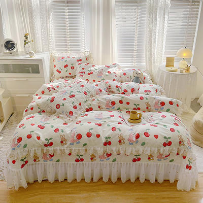 2023新款全棉蕾丝刺绣夹棉床盖系列四件套（单层被套） 1.2m床盖款三件套（单层被套） 红果果兔