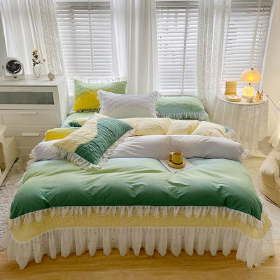 2023新款全棉蕾丝刺绣夹棉床盖系列四件套（单层被套） 1.2m床盖款三件套（单层被套） 黄绿