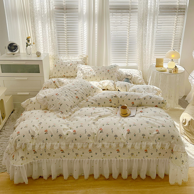 2023新款全棉蕾丝刺绣夹棉床盖系列四件套（单层被套） 1.2m床盖款三件套（单层被套） 蘑菇伞