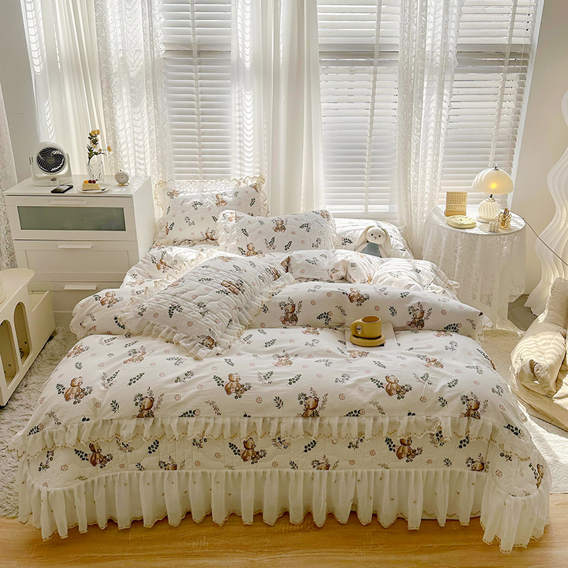 2023新款全棉蕾丝刺绣夹棉床盖系列四件套（单层被套） 1.2m床盖款三件套（单层被套） 小熊吉米