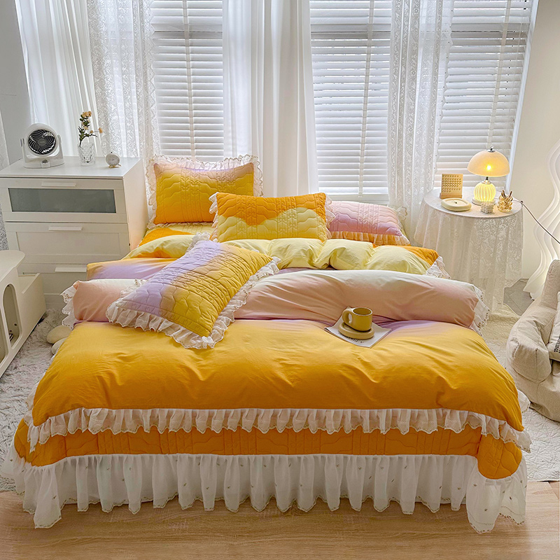 2023新款全棉蕾丝刺绣夹棉床盖系列四件套（单层被套） 1.2m床盖款三件套（单层被套） 杏黄