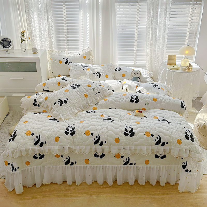 2023新款全棉蕾丝刺绣夹棉床盖系列四件套（夹棉被套） 1.2m床盖款三件套（夹棉被套） 黑白熊猫