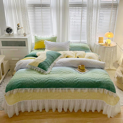 2023新款全棉蕾丝刺绣夹棉床盖系列四件套（夹棉被套） 1.2m床盖款三件套（夹棉被套） 黄绿
