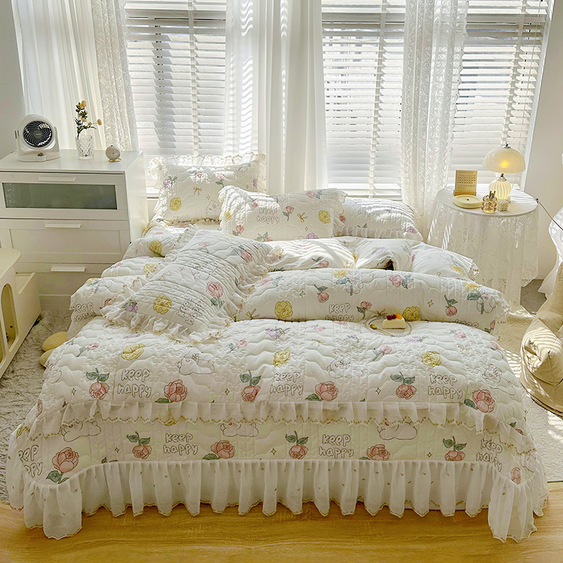 2023新款全棉蕾丝刺绣夹棉床盖系列四件套（夹棉被套） 1.2m床盖款三件套（夹棉被套） 妙趣花园