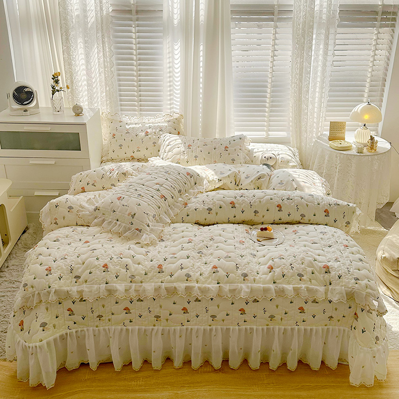 2023新款全棉蕾丝刺绣夹棉床盖系列四件套（夹棉被套） 1.2m床盖款三件套（夹棉被套） 蘑菇伞