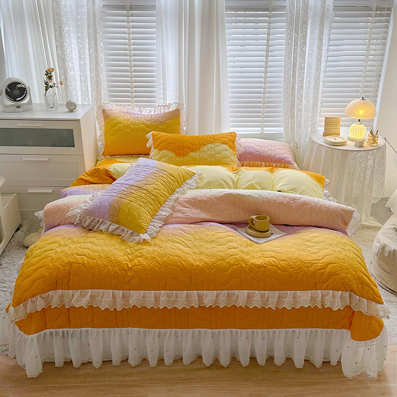 2023新款全棉蕾丝刺绣夹棉床盖系列四件套（夹棉被套） 1.2m床盖款三件套（夹棉被套） 杏黄