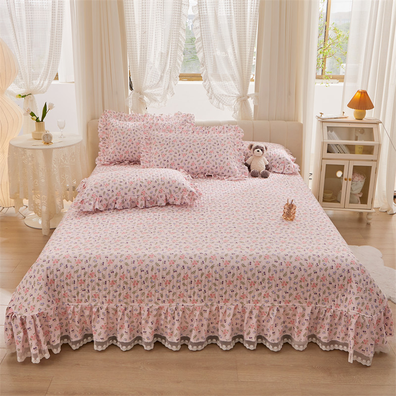2024新款全棉韩版蕾丝花边床盖三件套系列 210*245cm单床盖 粉蔷薇